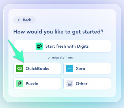 Digits setup screen with options to start fresh or migrate from QuickBooks Online